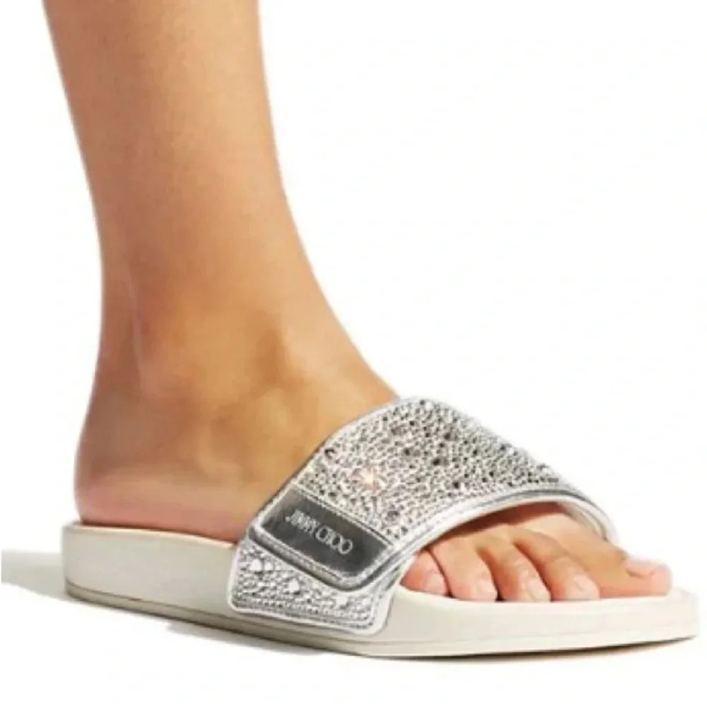 Jimmy Choo Silver Crystal-Embellished Slide Sandals